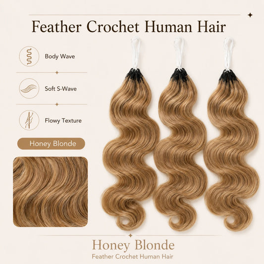 Extensiones de cabello de ganchillo rubio miel con reflejos, onda corporal, cabello humano, pre-separadas, trenzas invisibles milagro, nudo de plumas, extensiones de cabello de ganchillo.