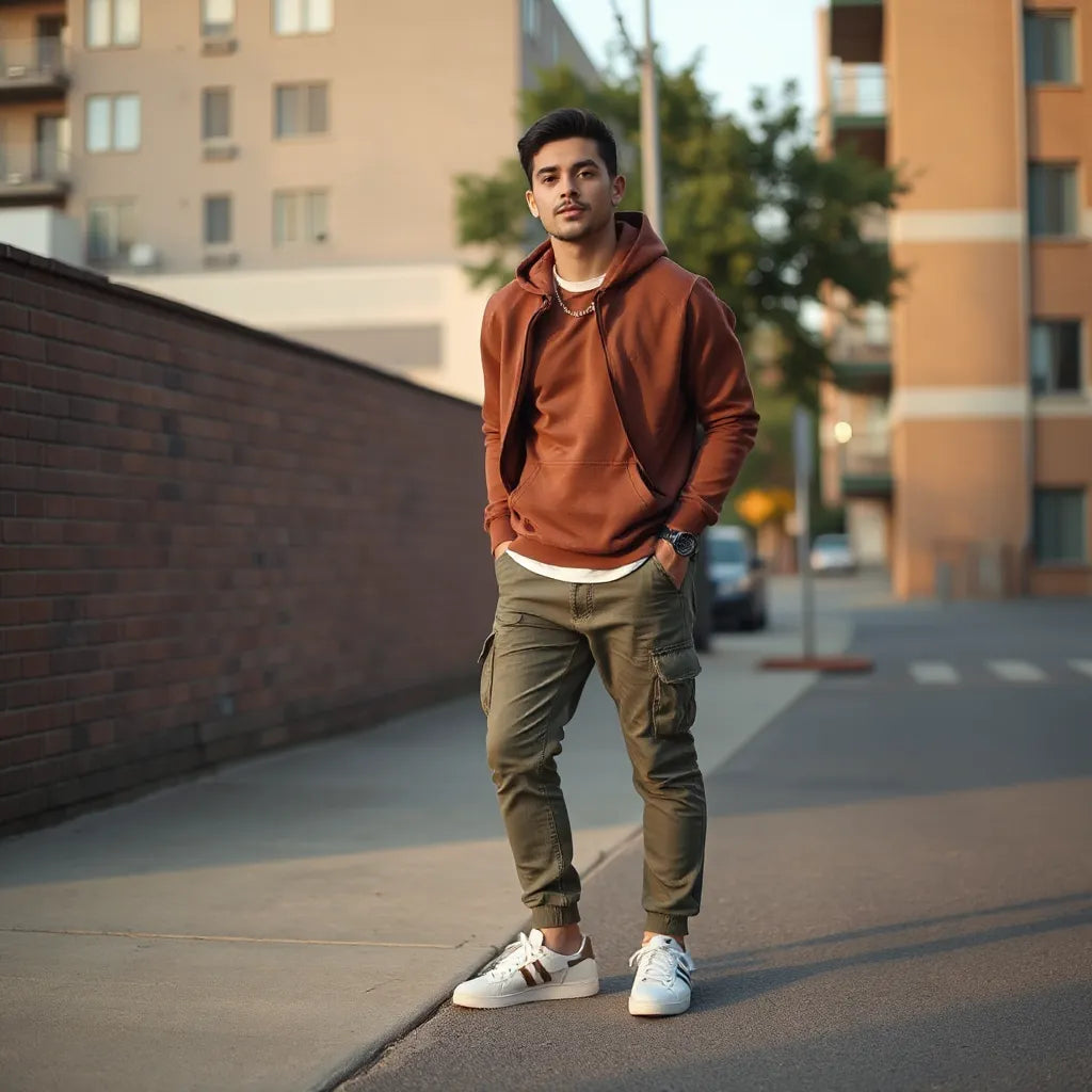 Men’s streetwear outfit with hoodie, cargo jeans, and clean sneakers in an urban setting