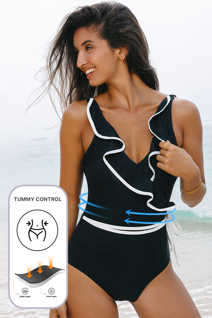 Black Color Contrast Ruffled Wrap V Neck Swimsuit - Snoopy's Closet