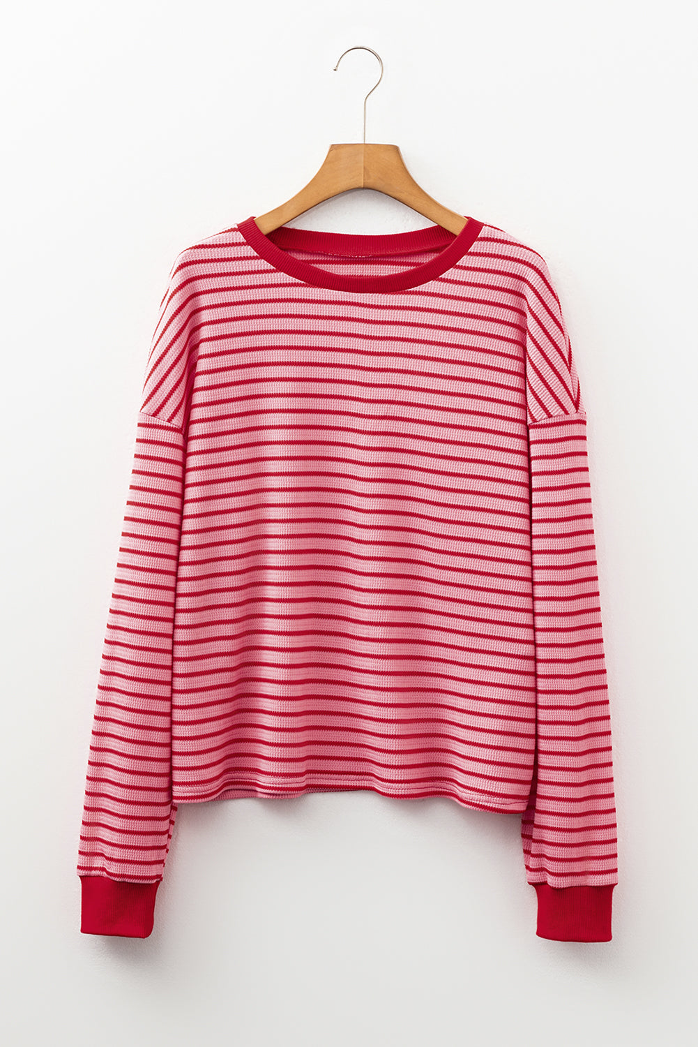 Pink Stripe Textured Round Neck Drop Shoulder Long Sleeve T Shirt - Snoopy's Closet