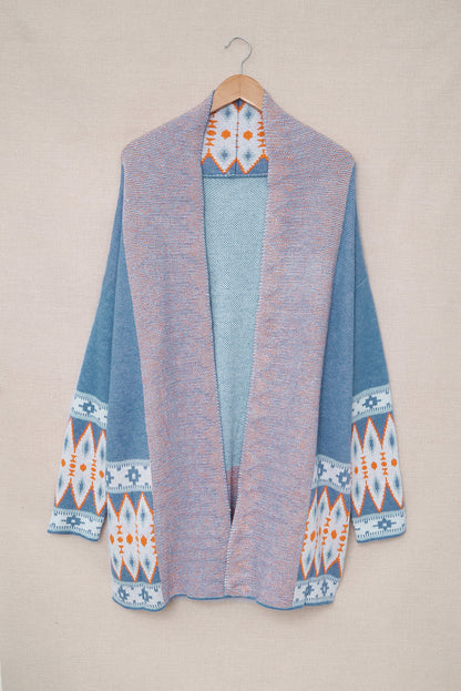 Blue Aztec Print Open Front Knitted Cardigan