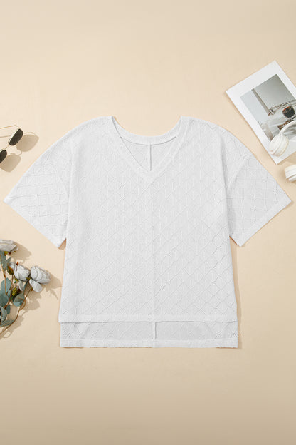 Top suelto de punto calado blanco con escote de pico y rombos, talla grande