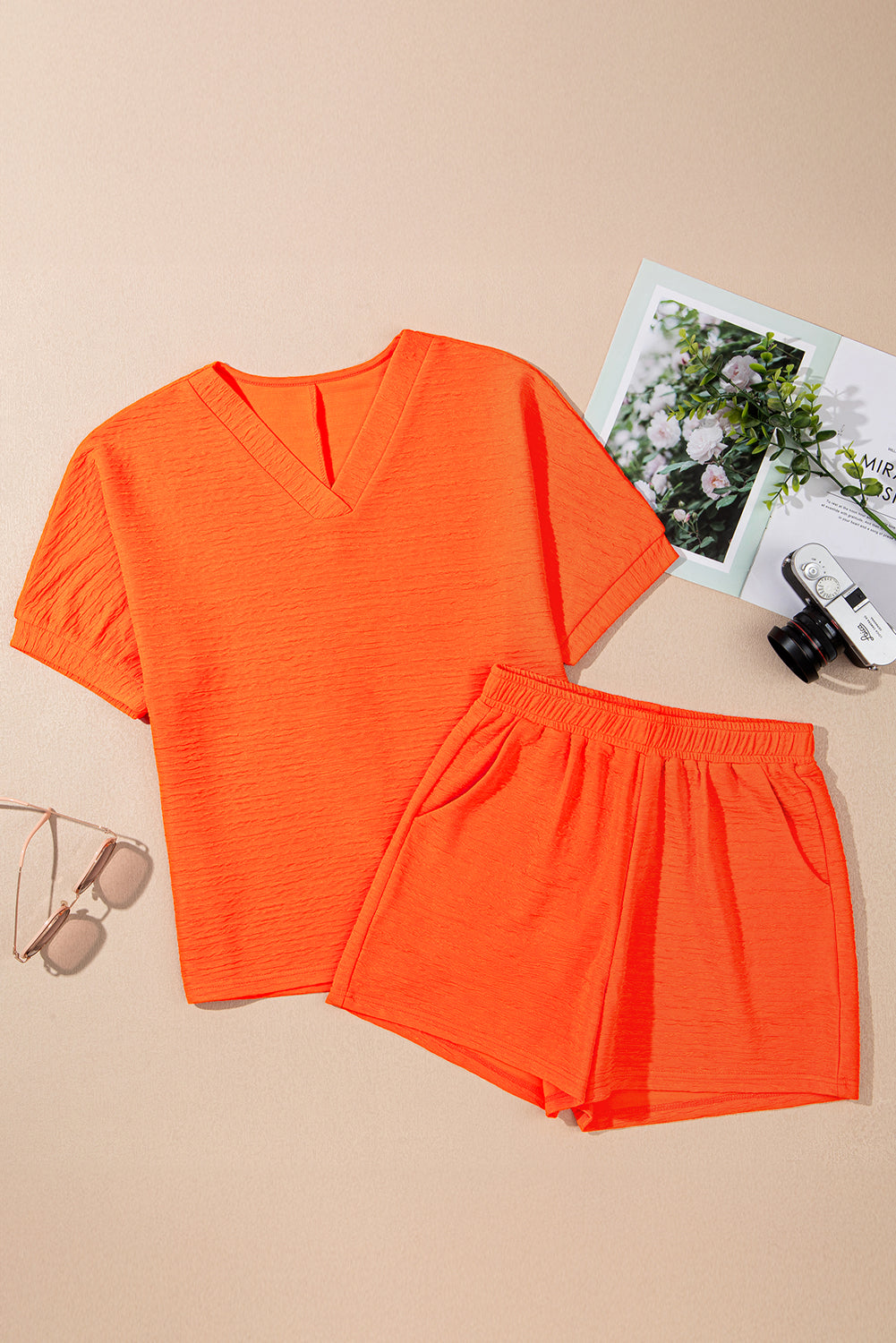 Orange Textured V Neck T Shirt and Shorts Set - Snoopy's Closet