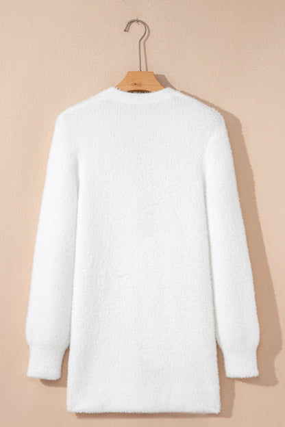 White Fuzzy Buttoned Front Midi Solid Cardigan - Snoopy's Closet