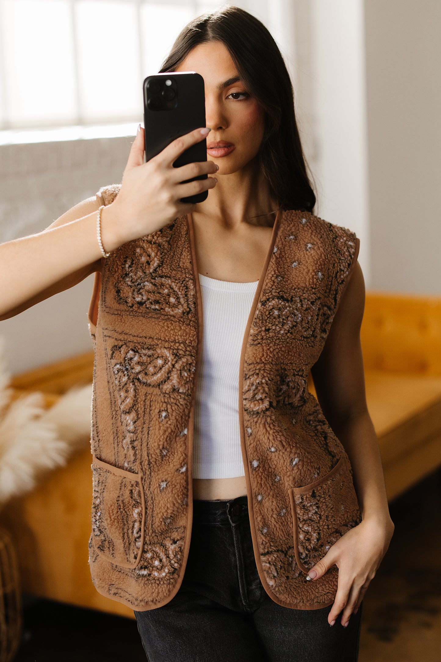 Chaleco tipo chaqueta con estampado de cachemira sherpa marrón con bolsillos, estilo Western