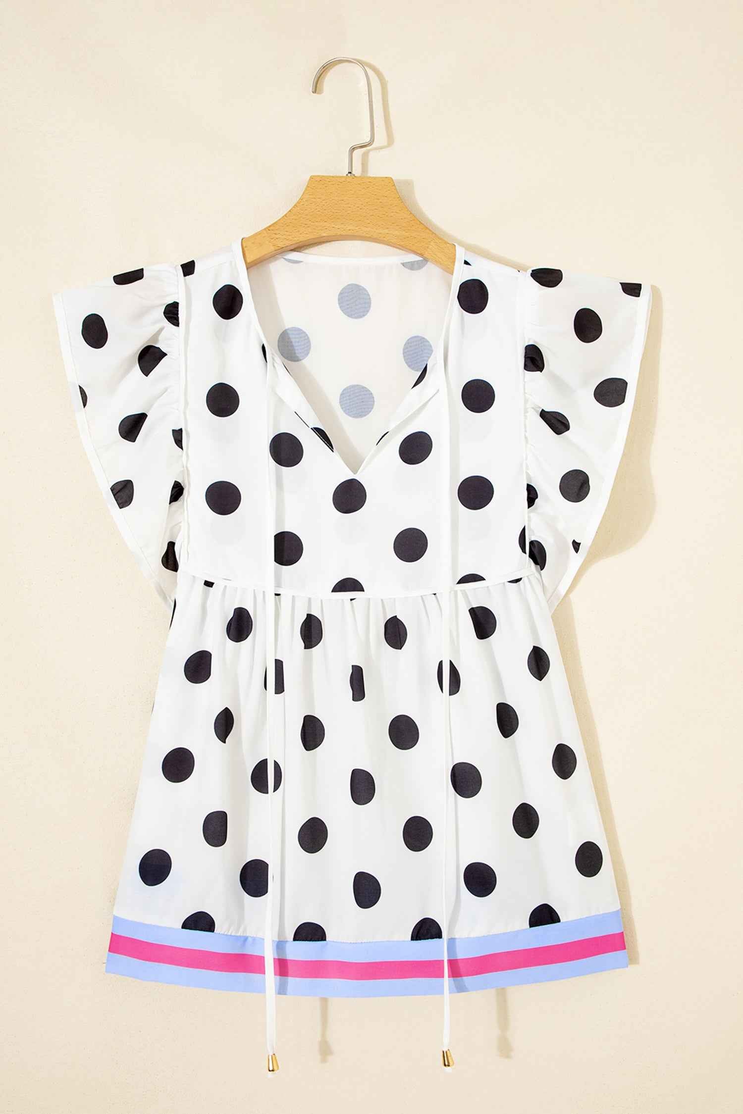 White Polka Dot Print Flutter Sleeve Striped Patchwork Babydoll Blouse