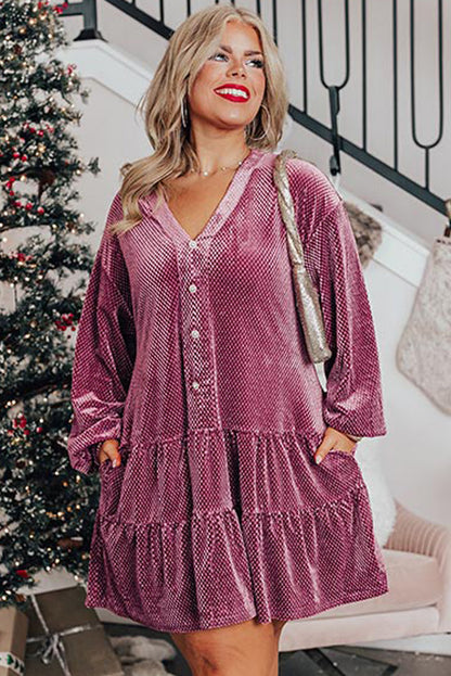 Vestido de Terciopelo Texturizado con Botones y Volantes Talla Grande Color Malva Prado