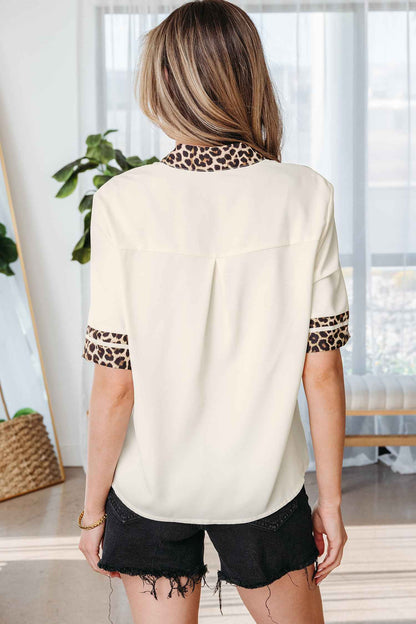 Violet Leopard Patchwork Trim Split Neck Short Sleeve Blouse