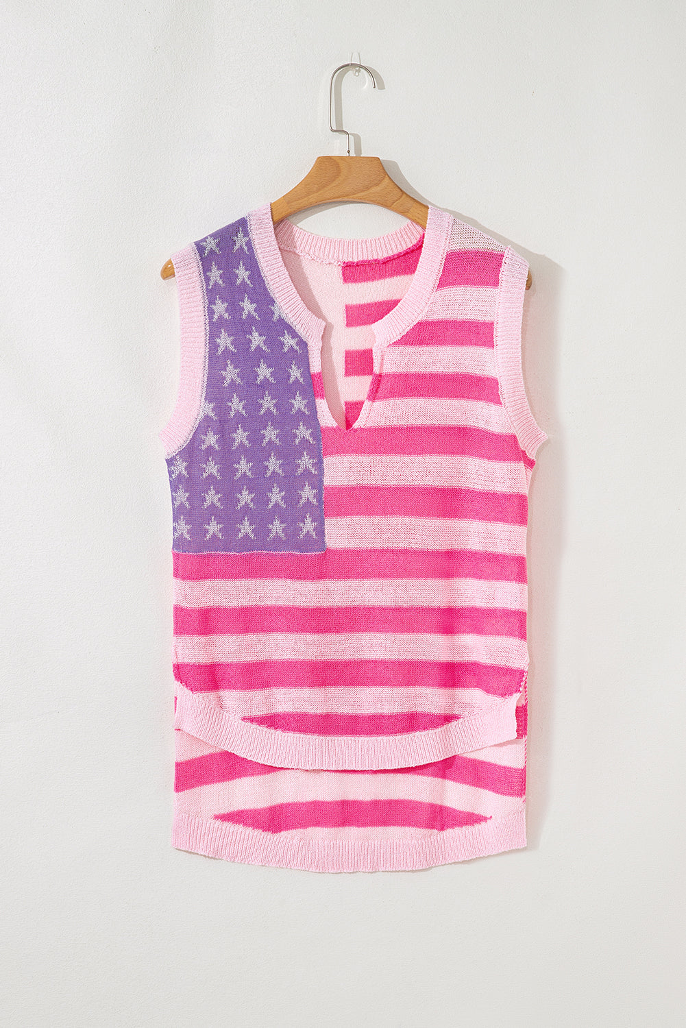 Pink Stripe USA Flag Notched Neckline Loose Sweater Vest - Snoopy's Closet