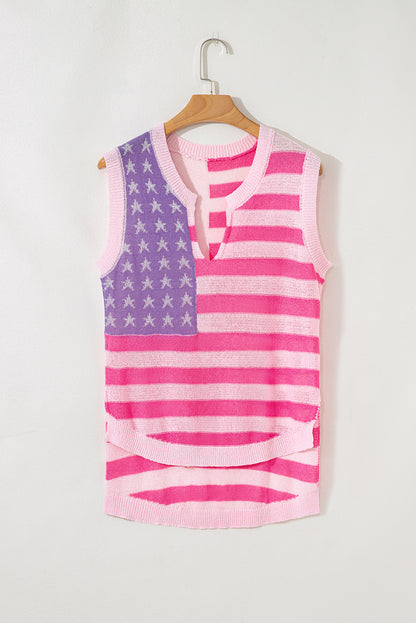 Pink Stripe USA Flag Notched Neckline Loose Sweater Vest - Snoopy's Closet