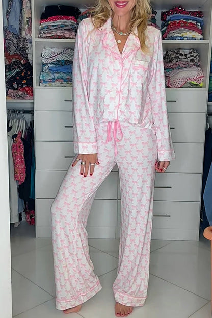 Pink Bow Print Long Sleeve Shirt and Pants Soft Pajama Set - Snoopy's Closet