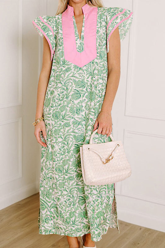 Vestido midi de manga corta con cuello en V, patchwork en bloques de color y estampado floral verde