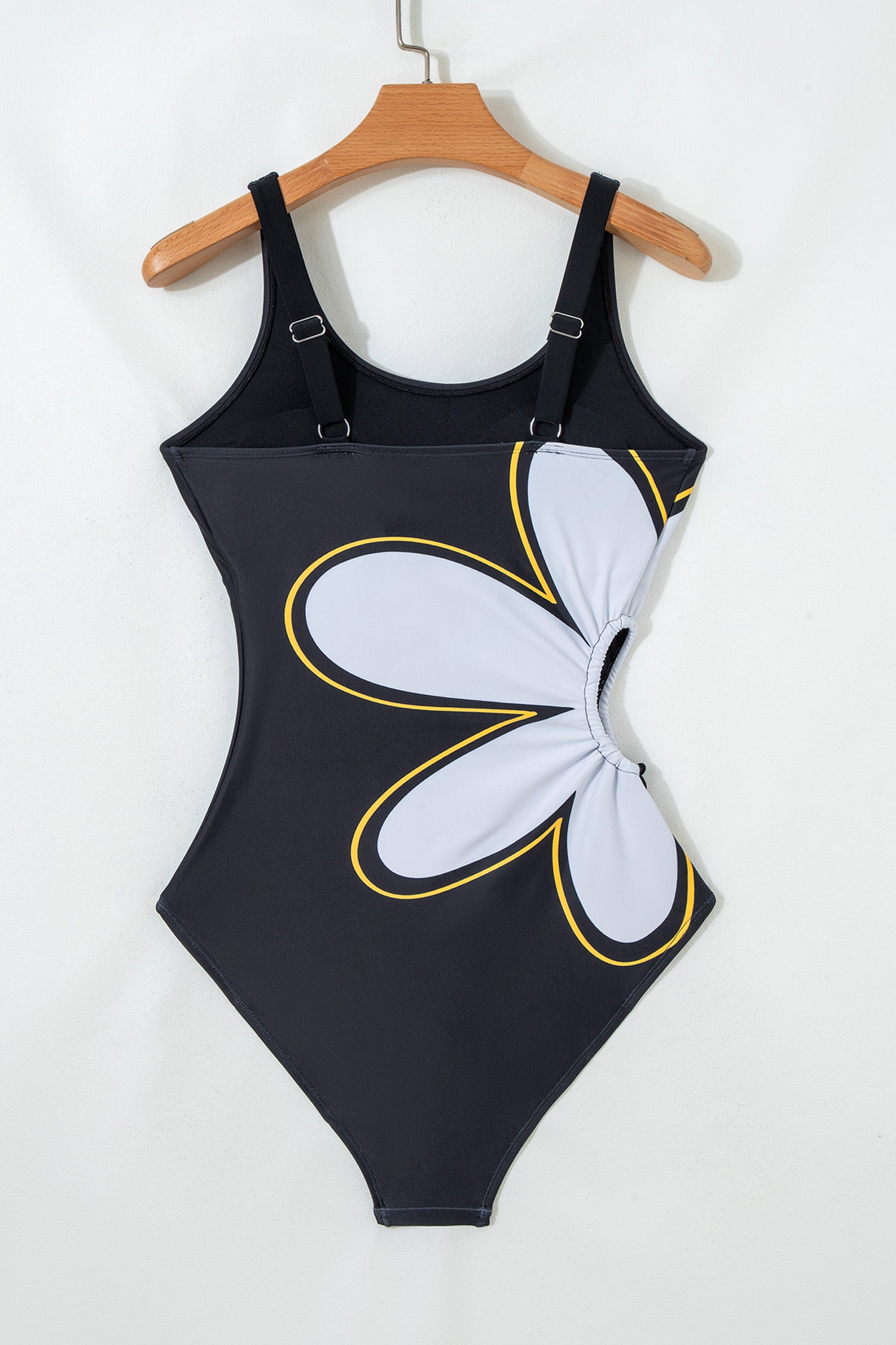 Black Drawstring Big Hole Floral Print Sleeveless One Piece Swimsuit - Snoopy's Closet