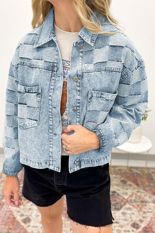 Chaqueta Casual para Mujer de Retazos con Estampado de Cuadros en Denim Azul Claro