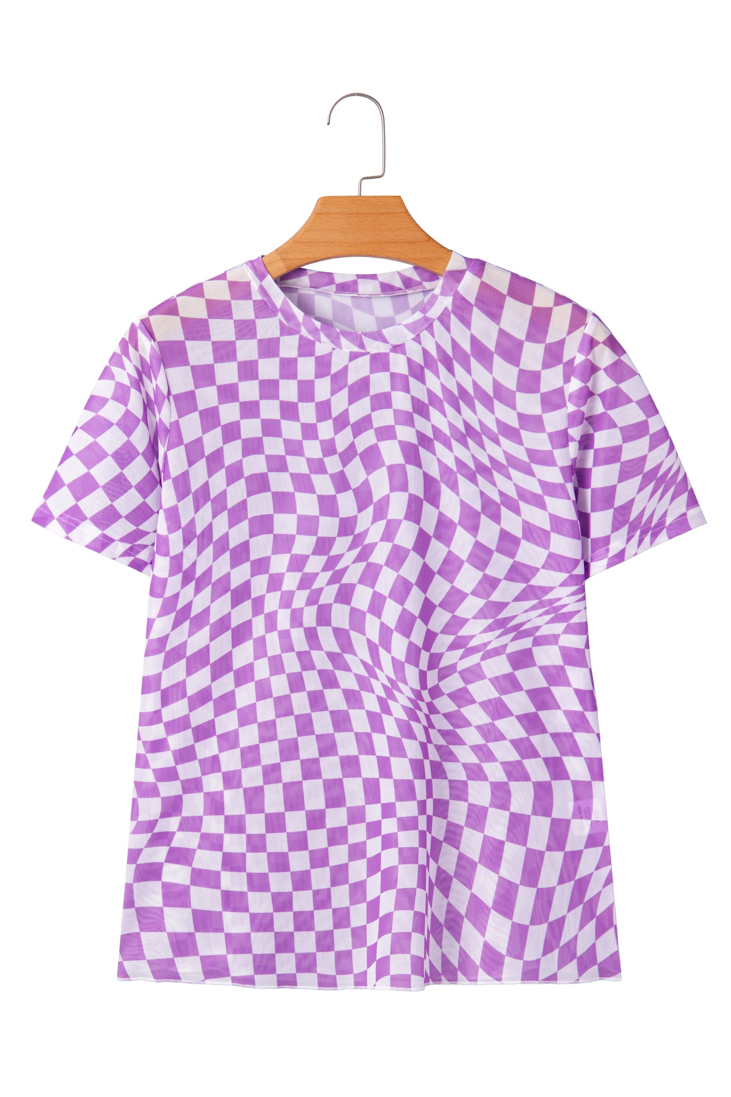 Purple Checkered Print Crew Neck Mesh T Shirt - Snoopy's Closet