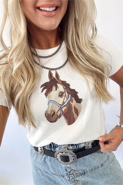 White Wild West Horse Head Printed Short Sleeve Sweater - Snoopy's Closet