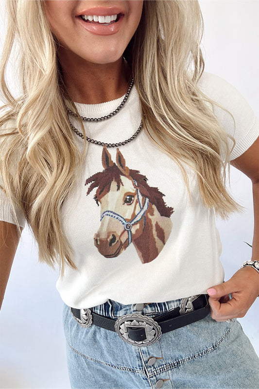 White Wild West Horse Head Printed Short Sleeve Sweater - Snoopy's Closet