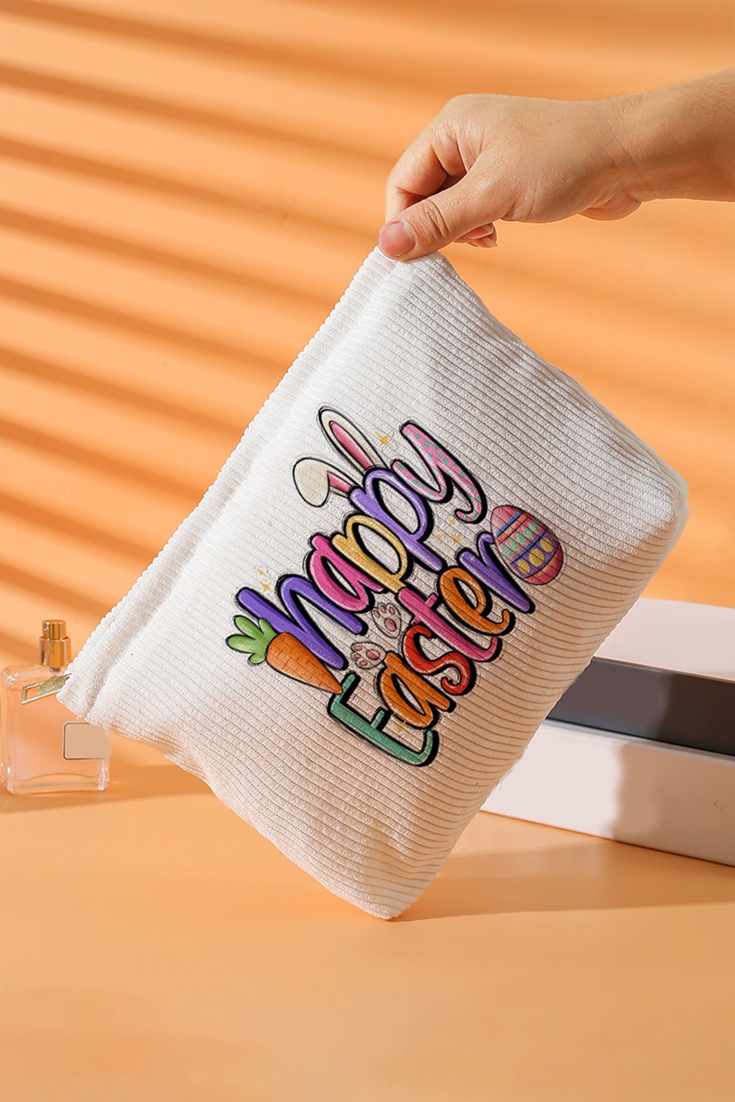 White Happy Easter Playful Printed Corduroy Makeup Bag - Snoopy's Closet