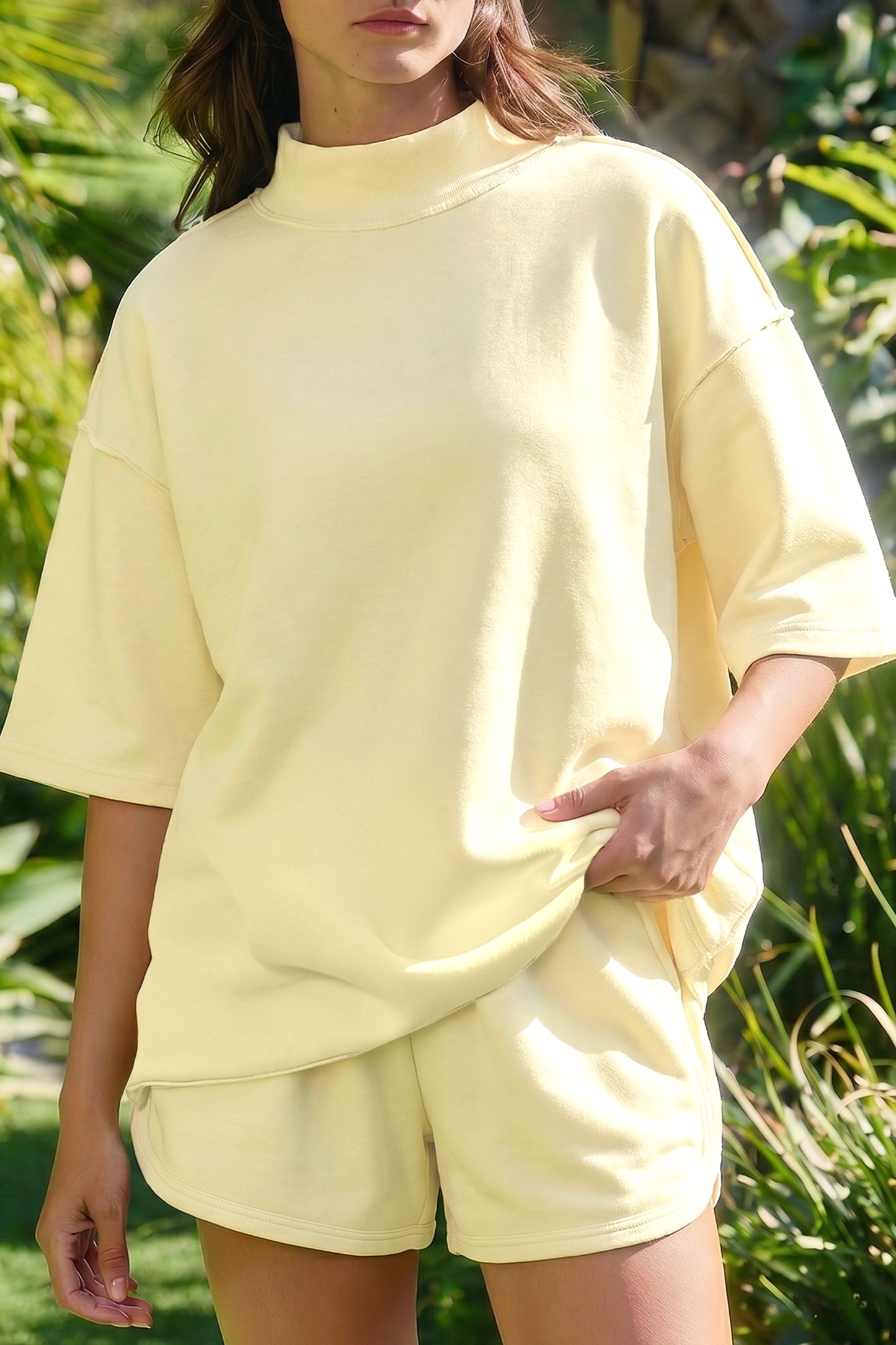 Moonlight Jade Solid Color Exposed Seam Mock Neck Oversize Tee Casual Shorts 2pcs Outfit - Snoopy's Closet