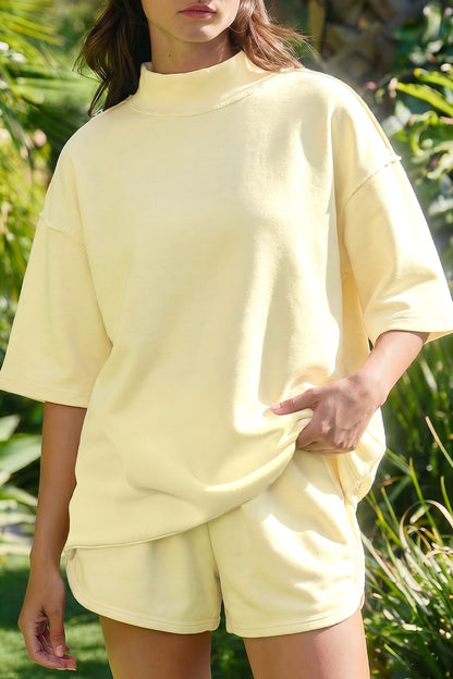Moonlight Jade Solid Color Exposed Seam Mock Neck Oversize Tee Casual Shorts 2pcs Outfit - Snoopy's Closet