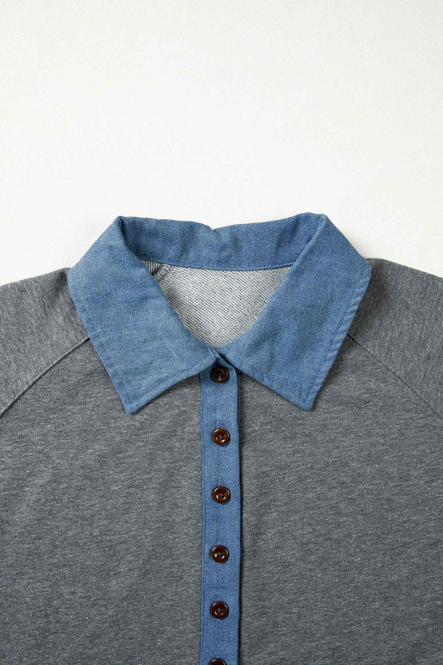 Carbon Grey Denim Color Block Patchwork Shirt Collar Short Sleeve Blouse