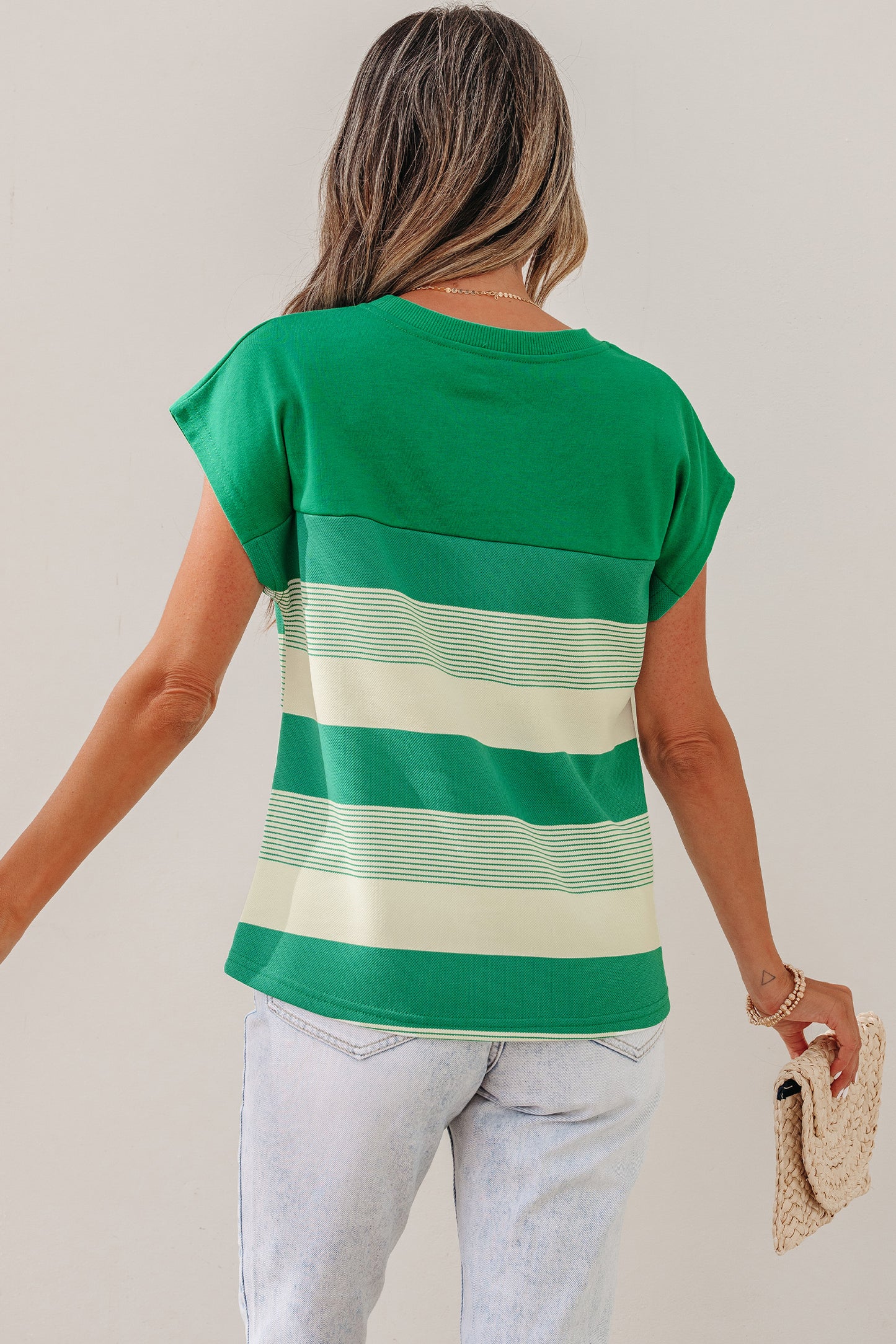 Green Stripe Mixed Print Crew Neck Cap Sleeve T Shirt - Snoopy's Closet