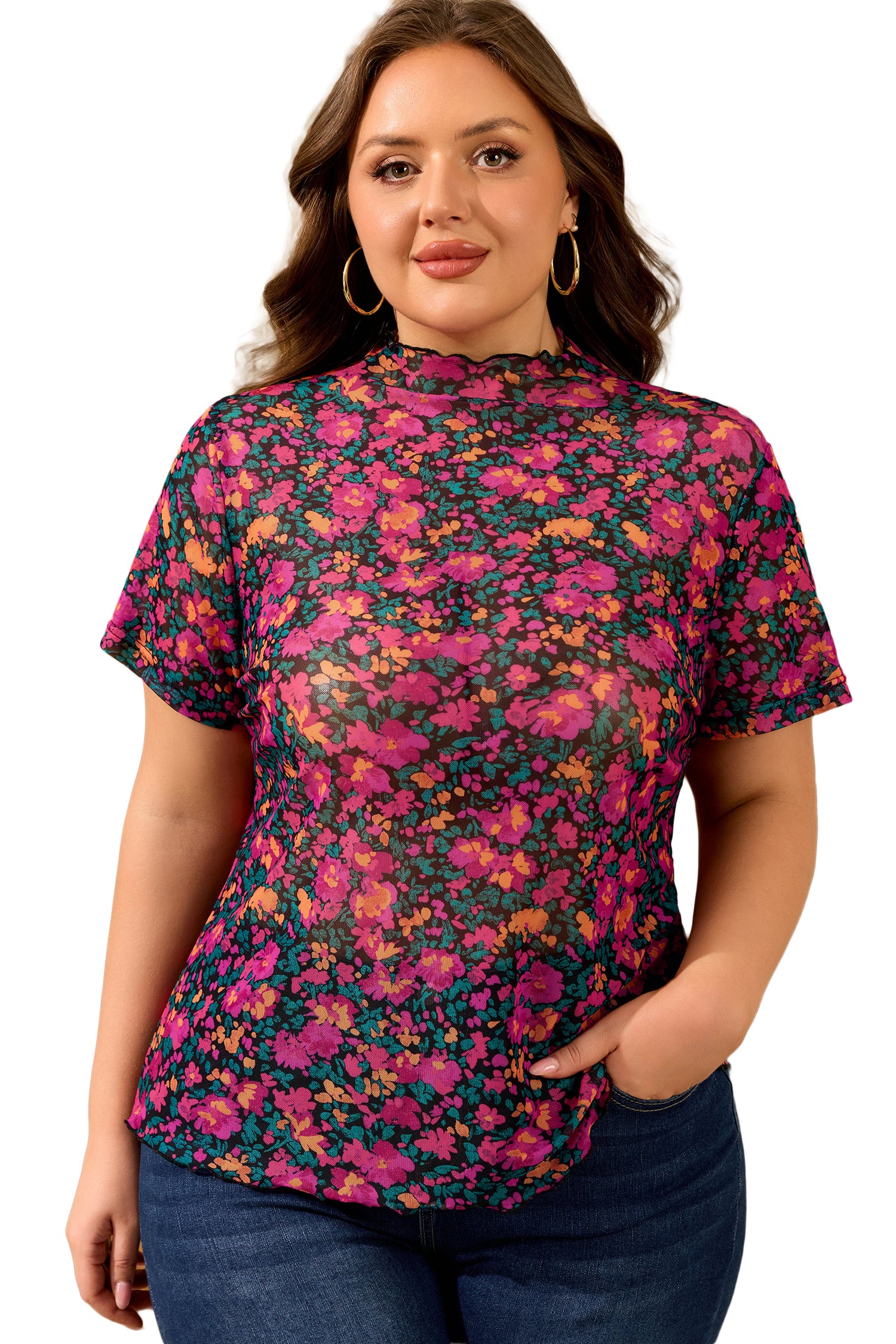 Rose Plus Size Floral Mesh Short Sleeve Top - Snoopy's Closet