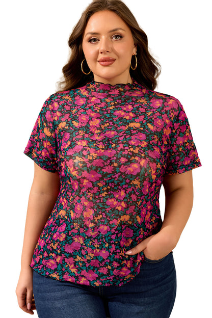 Rose Plus Size Floral Mesh Short Sleeve Top - Snoopy's Closet