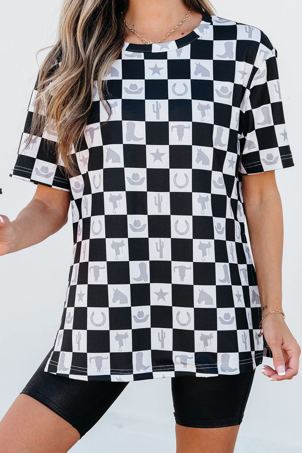 Black Western Fashion Checkerboard Print Side Split T Shirt - Snoopy's Closet