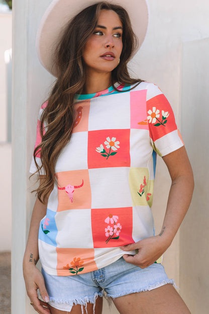 Orange Western Fashion Checker Print Crewneck T Shirt - Snoopy's Closet