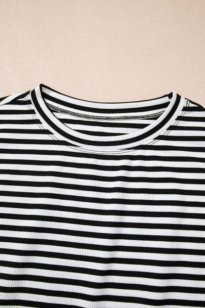 Black Stripe Ribbed Cap Sleeve Round Neck T Shirt - Snoopy's Closet