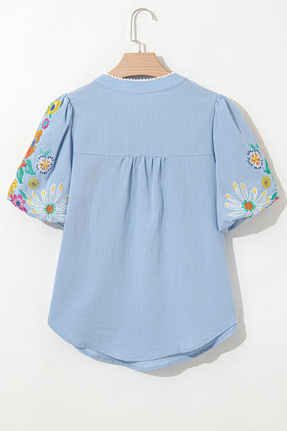 Beau Blue Floral Embroidered Puff Sleeve Split Neck Blouse