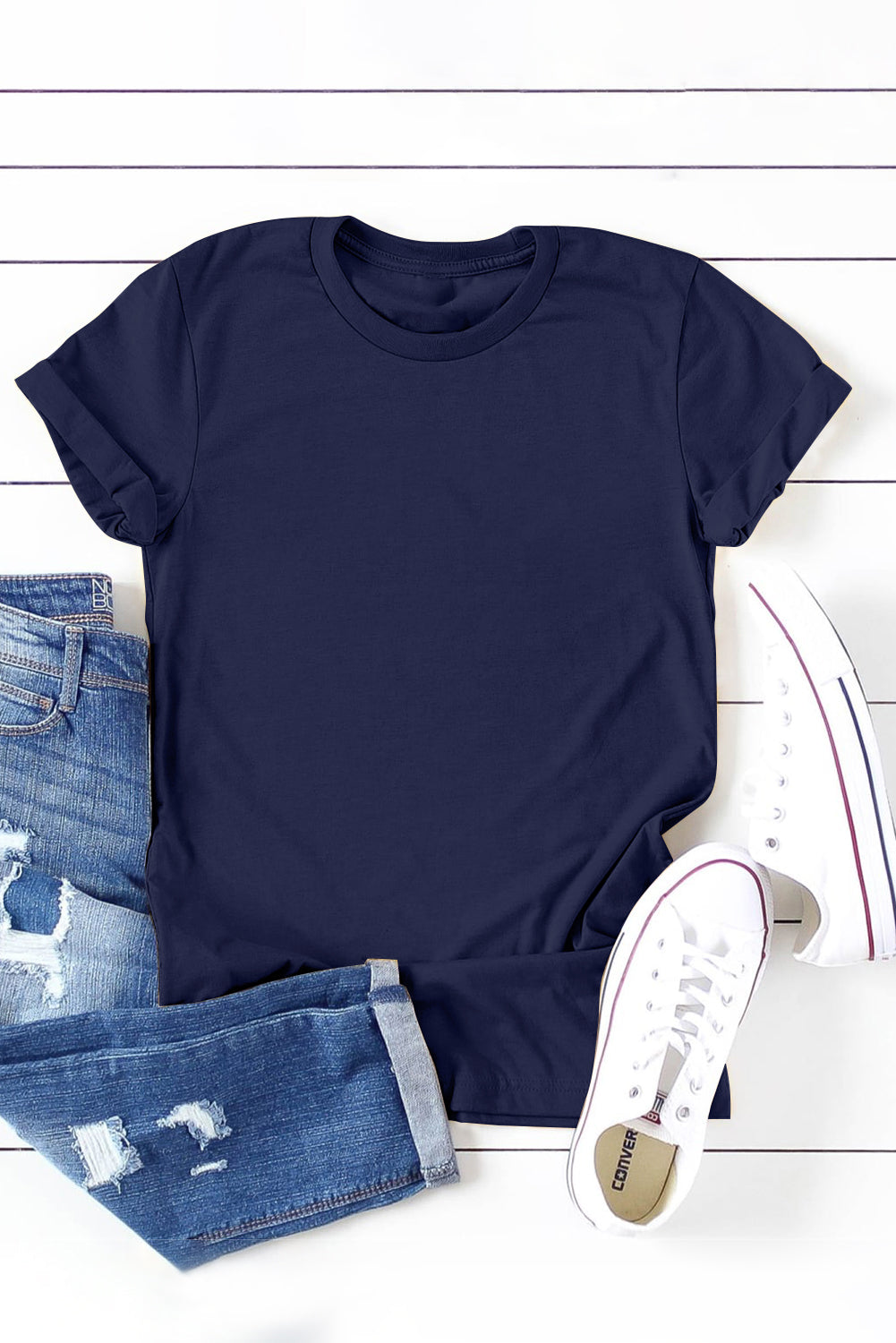 Blue Solid Color Crew Neck Tee - Snoopy's Closet