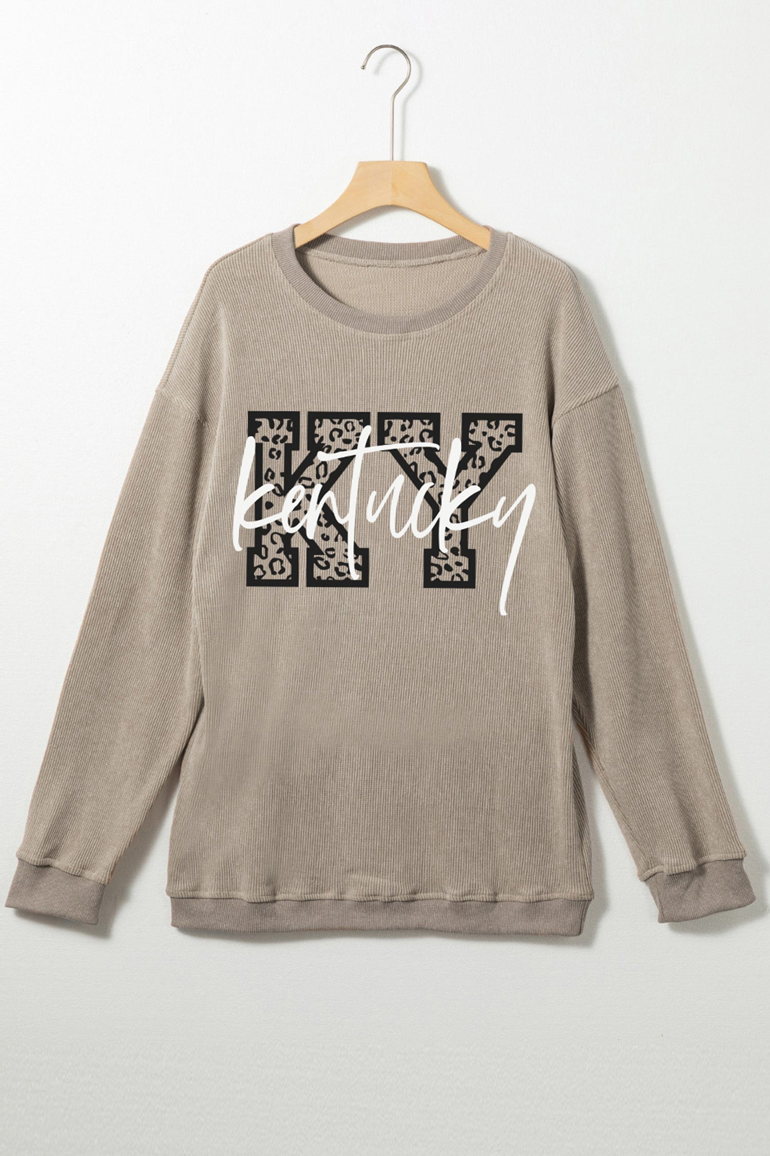 Khaki Kentucky KY Leopard Lettering Ribbed Baggy Sweatshirt - Snoopy's Closet