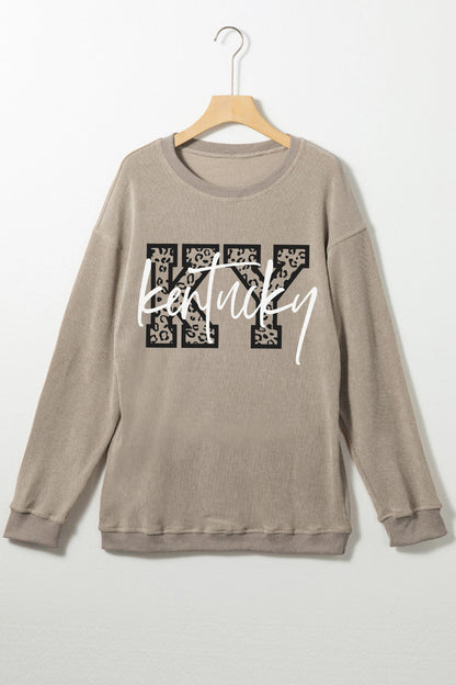 Khaki Kentucky KY Leopard Lettering Ribbed Baggy Sweatshirt - Snoopy's Closet