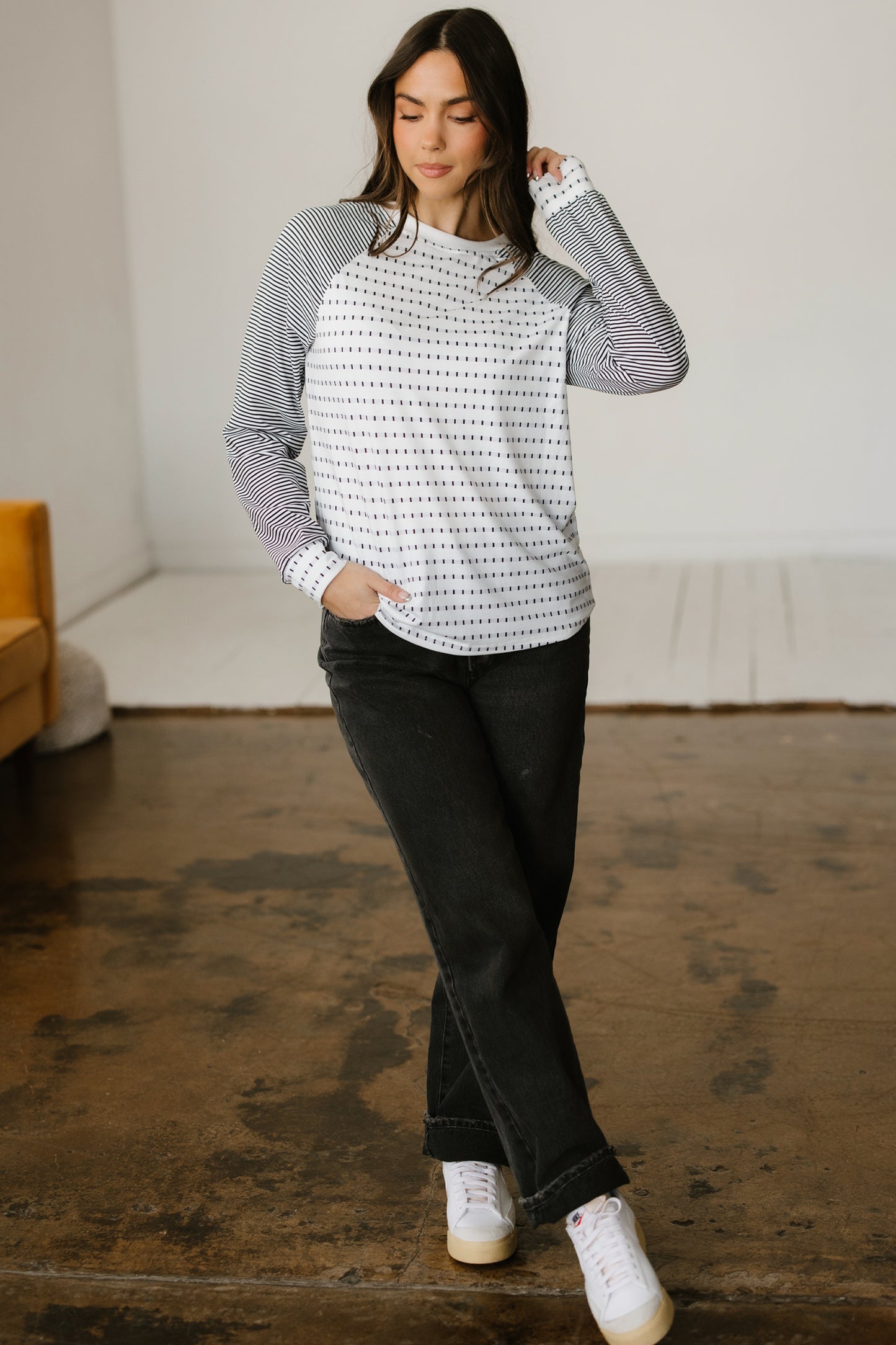 Black Stripe Raglan Patchwork Long Sleeve Tee - Snoopy's Closet