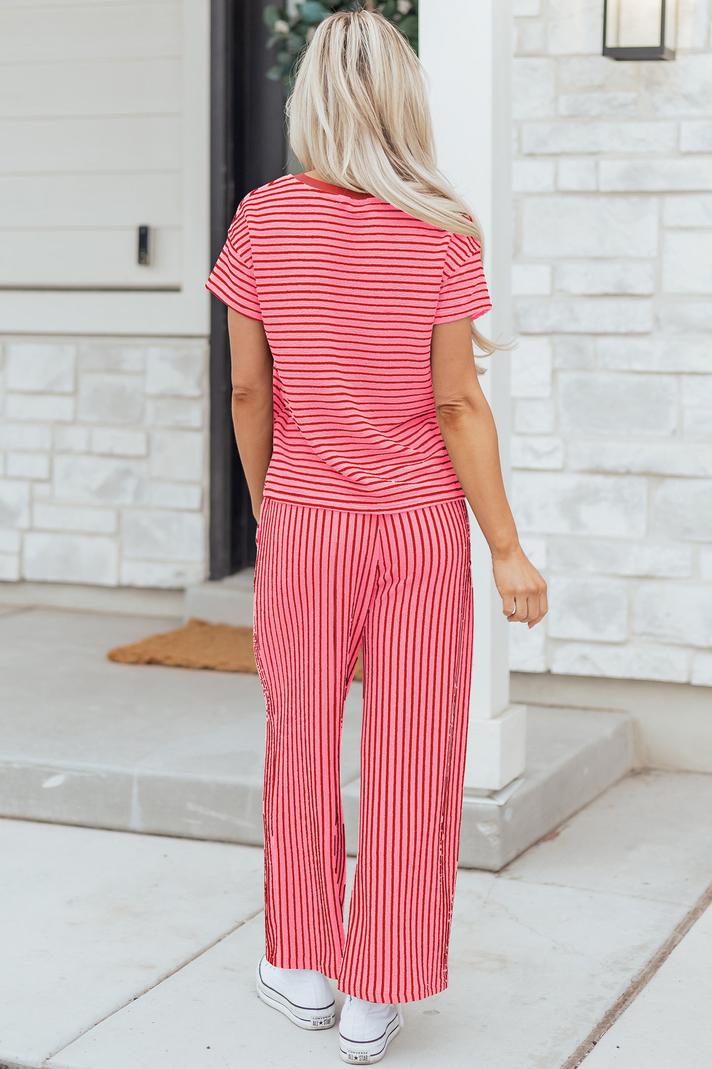 Sky Blue Stripe Crew Neck Tee Drawstring Waist Cropped Pants Set - Snoopy's Closet