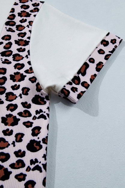 White Ribbed Leopard Patchwork Uneven Hem T Shirt