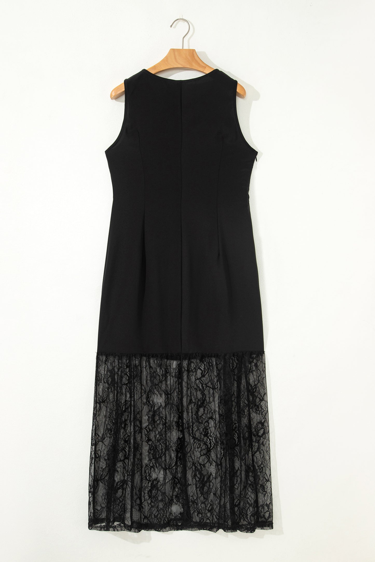 Vestido largo sin mangas de encaje floral transparente en color negro liso