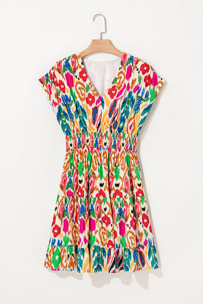 Sky Blue Abstract Print V Neck Dolman Sleeve Ruffle Tiered Mini Dress