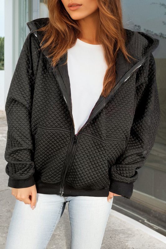 Chaqueta Acolchada Negra con Capucha y Cremallera, Bolsillos Laterales