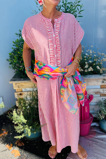 Red Stripe Frilled Detail Half Buttons Short Sleeve Long Dress