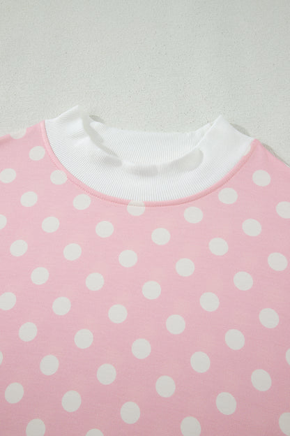 Pink Polka Dot Print Mock Neck Short Sleeve Top Shift Pant Set