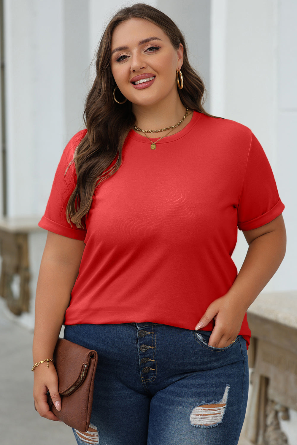 Dearlove Red Casual Plain Crew Neck Tee - Snoopy's Closet