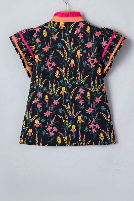 Black Floral Print Contrast Trim Tiered Ruffled Short Sleeve Blouse
