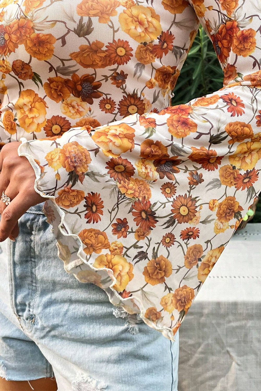 Orange Floral Printed Bell Sleeve Mock Neck Scallop Trim Blouse - Snoopy's Closet
