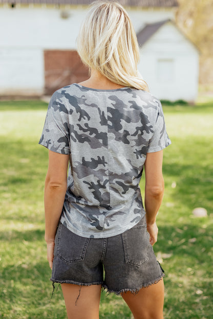 Gray Camouflage Print Round Neck T Shirt - Snoopy's Closet
