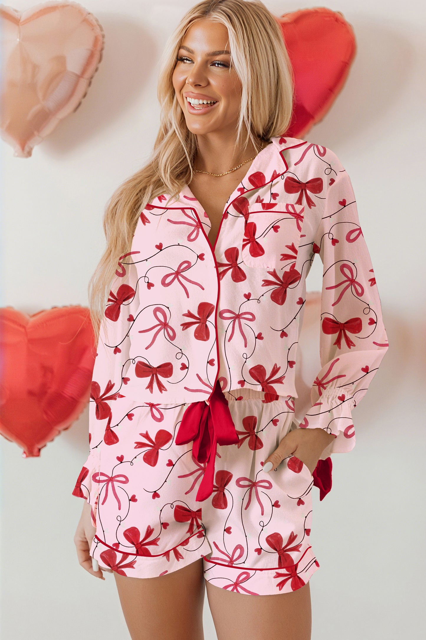 Red Bow Print Valentine Long Sleeve Shirt Shorts 2 Pcs Pajama Set - Snoopy's Closet