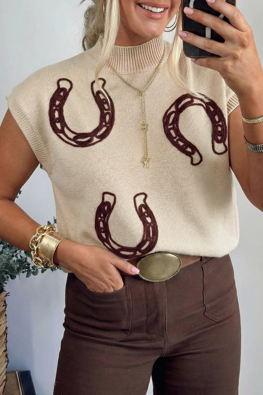 Suéter de manga corta con cuello simulado, herraduras de cordón y ribete acanalado color pergamino