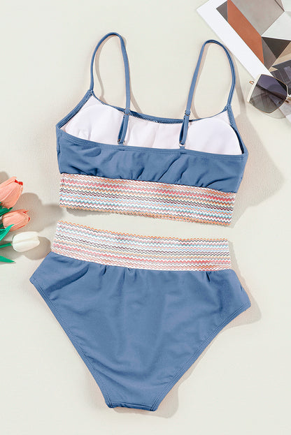 Dusk Blue Colorful Stitch Border Detail 2pcs High Waist Bikini Swimsuit - Snoopy's Closet